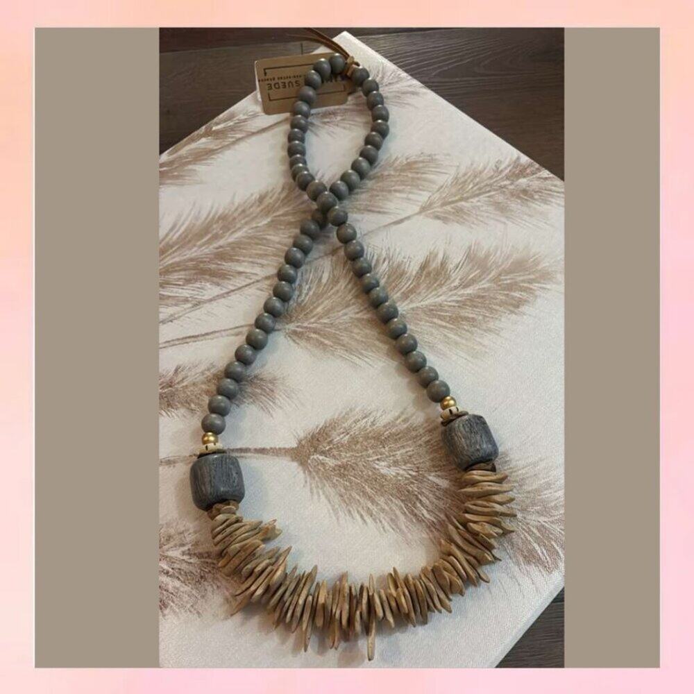 Boho Natural Wood Tribal Bead Long Necklace Gray & Tan 32 Inches